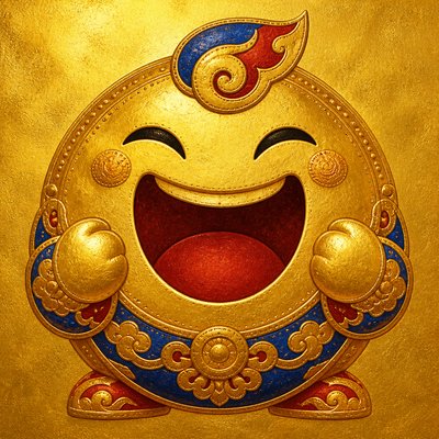 an exaggerated laughing face of an original round mascot character, bold and readable at small size, plain background, no text