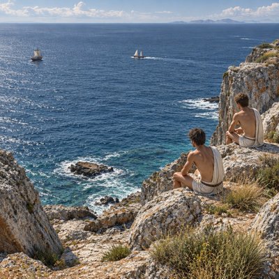 a man sitting on top of a cliff next to the ocean