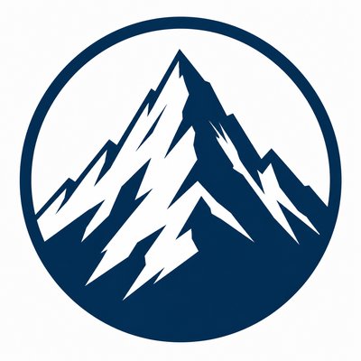 an emblem of a mountain peak inside a circle, simple bold shapes on a plain background, no text or lettering