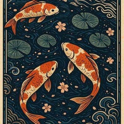 A koi pond seen from above, orange and white koi fish swimming among lily pads, clear water with subtle ripples, fallen cherry blossom petals floating on the surface, dappled sunlight