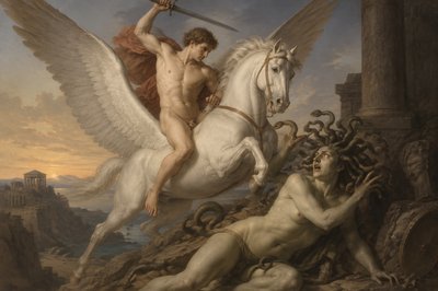 greek mythology scene of ignudi Perseus on Pegasus slaying Medusa 