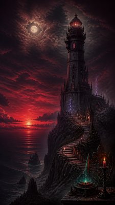 a lone lighthouse on a cliff at dusk under a dramatic sky, no text or lettering