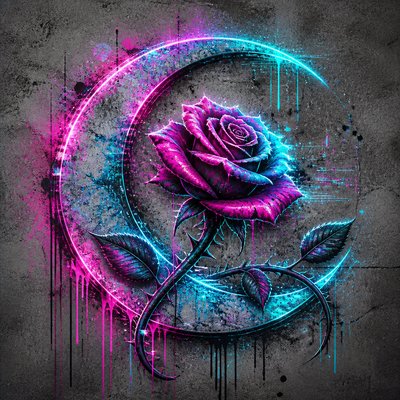 a rose entwined with a crescent moon, clean balanced composition on a plain background, no text