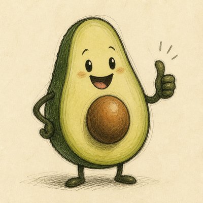 a happy avocado character giving a thumbs up, bold readable design on a plain background, no text