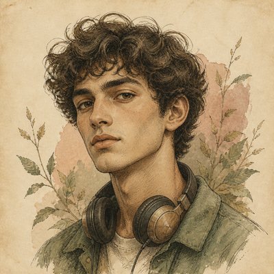 head-and-shoulders portrait of an original character: a young man with curly dark hair and headphones around his neck, plain backdrop, no text