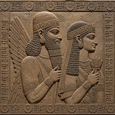 portrait of two people together — Mesopotamian Relief Art Style