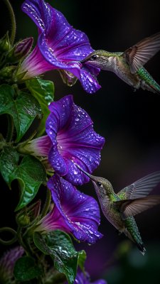 a climbing vine of flowers and hummingbirds on a dark background, tall wrapping composition, no text