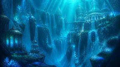 a cliffside city with waterfalls cascading into a misty canyon, wide establishing shot, no people, no text