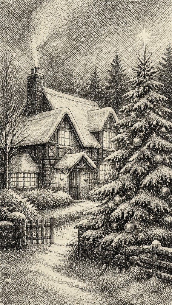 a snow-covered cottage with warm glowing windows beside a decorated pine tree, gentle snowfall, no text