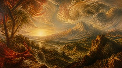 a vast valley with a river winding toward distant mountains at sunrise, no people, no text
