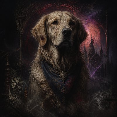 portrait of a golden retriever wearing a blue bandana, warm plain backdrop, no text