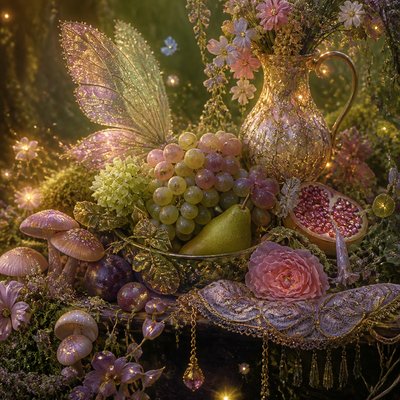 still life arrangement of fruits and flowers