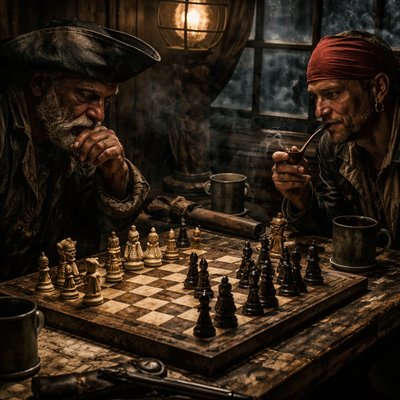 Cinematic Historical Photograph, Gritty Realism, Chiaroscuro Lighting. A tense, high-stakes chess match taking place between two seasoned pirates inside the cramped, dimly lit stern cabin of a rocking galleon at sea during the night.

The Players: On one side sits a grizzled, older Pirate Captain with a heavy grey beard and a scarred face, leaning over the board, his hand rubbing his chin in deep concentration. Opposite him is a younger, cunning Quartermaster with a gold tooth and a confident smirk, holding a clay pipe.

The Board & Pieces: Between them is a heavy wooden table stained with grog. The chessboard is carved directly into the tabletop, with squares made of inlaid mother-of-pearl and burned wood. They are playing with the custom pirate-themed chess set (previously designed): The Captain's side uses pieces carved from yellowed whalebone (King with tricorn, Ship Rooks), and the Quartermaster's side uses pieces cast from dark, tarnished iron. A bone "Knight" piece is currently threatening an iron "Queen."

The Atmosphere: The cabin is lit by a single, swaying oil lantern hanging overhead, casting long, moving shadows and illuminating the smoke in the air. Mugs of rum, a flintlock pistol, and rolled charts are cluttered around the board. Outside a stern window, a dark, stormy ocean is visible. The photo has a film grain texture.