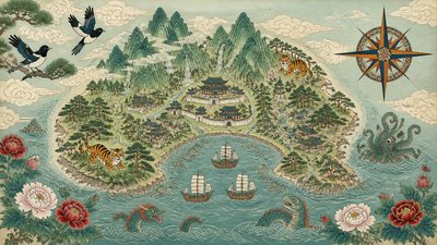 a map of an island realm with mountains, forests, a sheltered bay, sea monsters in the water and a compass rose, no text labels