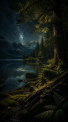 a tranquil mountain lake beneath a starry night sky, no people, no text