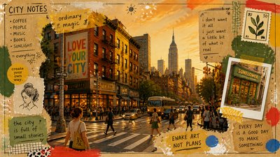 bustling city street panorama at dusk