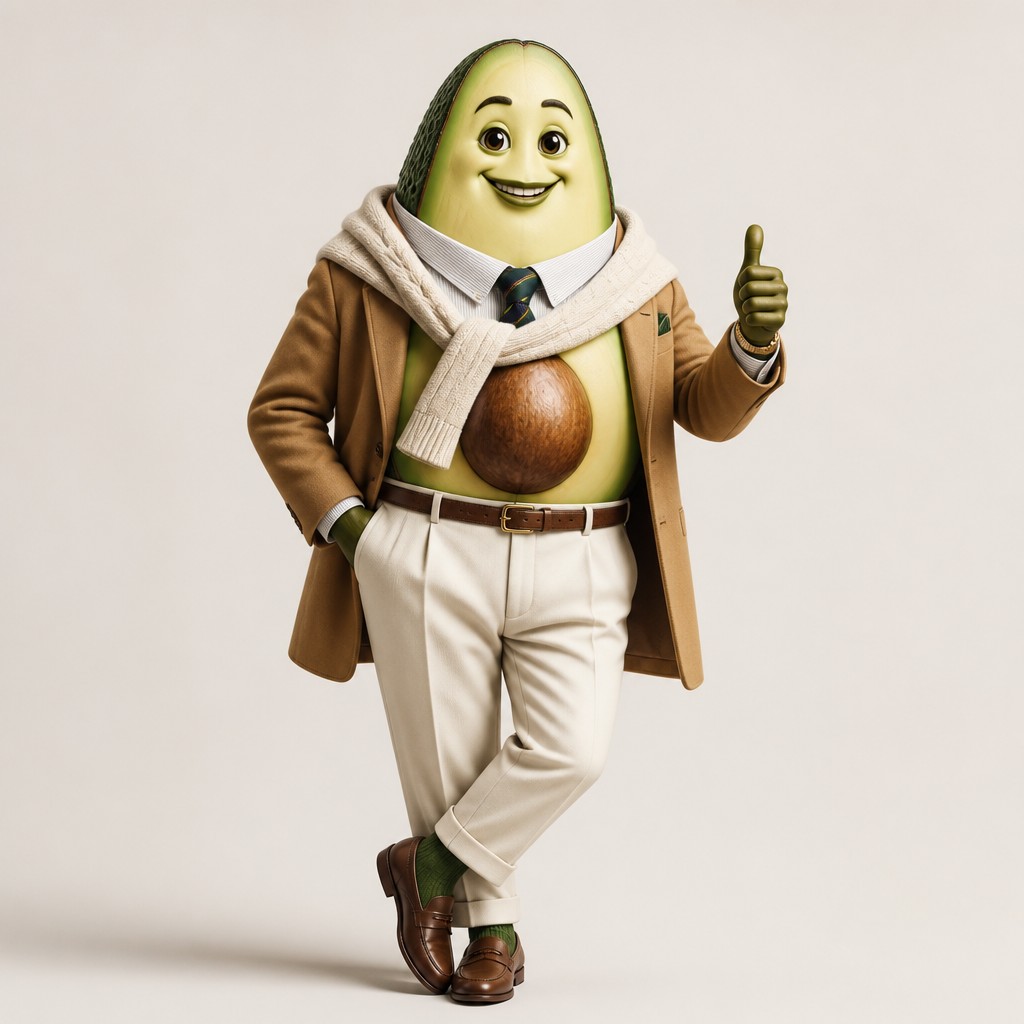 a happy avocado character giving a thumbs up, bold readable design on a plain background, no text