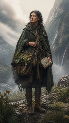 full-body original character: a wandering botanist with a satchel of plants, a patched green cloak, tall boots and round glasses, neutral background