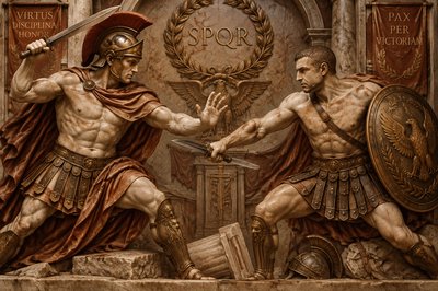 a statue of two men fighting with each other
