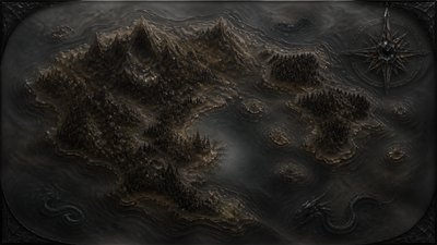 a map of an island realm with mountains, forests, a sheltered bay, sea monsters in the water and a compass rose, no text labels