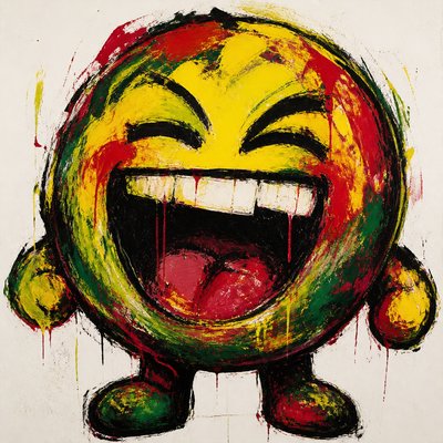 an exaggerated laughing face of an original round mascot character, bold and readable at small size, plain background, no text
