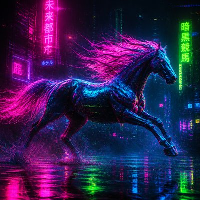 a galloping horse with flowing mane, side view