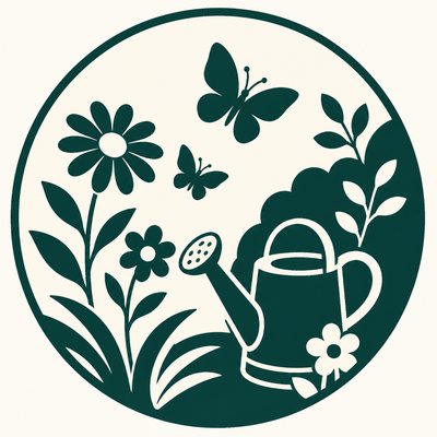 a garden scene with butterflies, flowers and a watering can, clean uncolored line art, no text