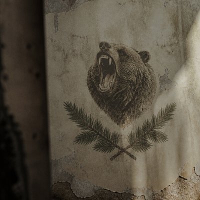 a roaring bear head above crossed pine branches, bold graphic composition on a plain background, no text