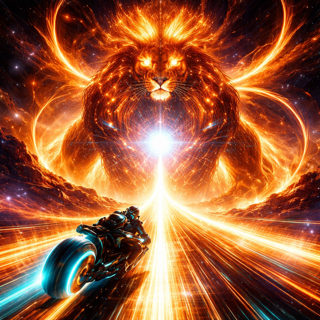 Neon-Futurism Digital Art Style, Bioluminescent Sci-Fi Cosmic Setting, Extreme Focal Point. A high-speed "tunnel-vision" perspective where everything converges on a single, brilliant point of light.
The Rider & Bike Consistency: The lone motorcyclist—in the signature sleek, armored suit and helmet—is leaning dangerously low, pinned to the chassis of the hubless "light-cycle." The bike's cyan and orange neon rings are vibrating with energy as it accelerates toward the center of the frame.
The Path (The Solar Path): The glowing blue laser-grid highway has turned into a golden-white bridge of solid light. It leads directly into the chest of a colossal celestial entity.
The Leo Presence: Looming ahead is the magnificent Celestial Lion, a titan made of burning solar flares and rhythmic orange circuitry. He stands in a regal, powerful stance. At the center of his chest lies Regulus, a massive, pulsating white-blue star that acts as a gateway.
The Action: The highway doesn't stop; it goes straight into the center of Regulus. The rider is seconds away from entering the star's core. Solar prominences and loops of liquid fire arch over the road like a stadium of light.
Atmosphere: Intense heat and majesty. The colors are dominated by deep ambers, fiery oranges, and the blinding white-blue light of the star Regulus.
Lighting: The rider is almost a silhouette against the overwhelming brightness of the Lion's heart. Intense "lens flare" and shimmering heat-haze effects blur the edges of the digital grid.