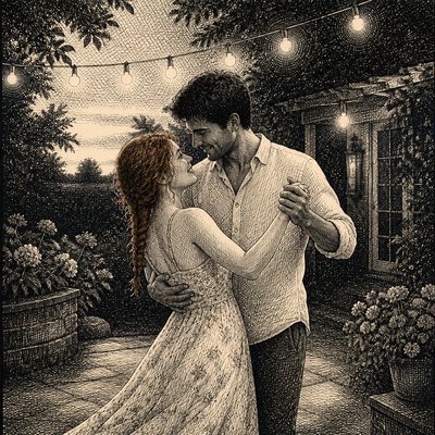 an original couple dancing under string lights in a garden at dusk: a man with short black hair in a linen shirt and a woman with braided red hair in a summer dress
