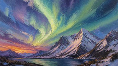 a flowing aurora over snowy peaks, wide sweeping composition, no people, no text