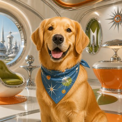 portrait of a golden retriever wearing a blue bandana, warm plain backdrop, no text