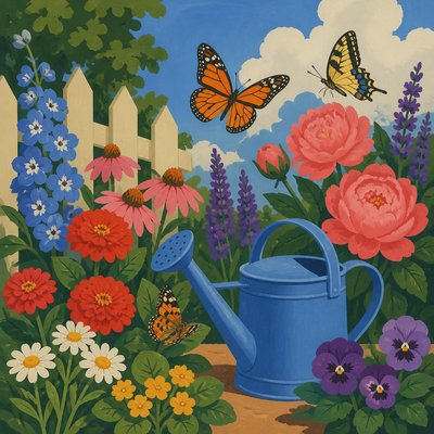 a garden scene with butterflies, flowers and a watering can, clean uncolored line art, no text