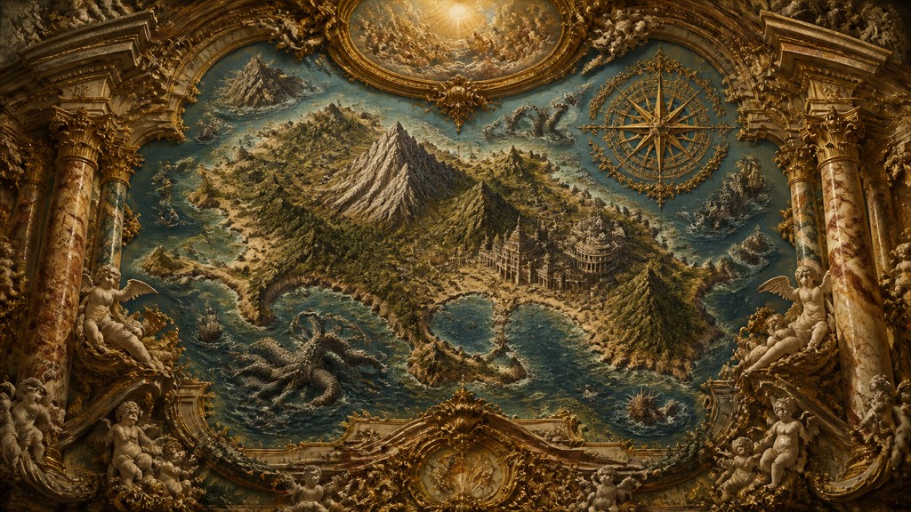 a map of an island realm with mountains, forests, a sheltered bay, sea monsters in the water and a compass rose, no text labels