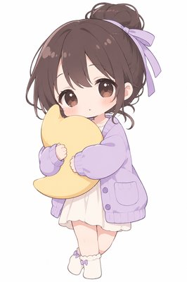 Premium kawaii anime merchandise illustration, adorable young woman with a rounded simplified face, large simple oval dark-brown eyes, tiny nose and tiny mouth, slightly sleepy cute expression, soft rosy cheeks. Dark brown hair gathered into a loose rounded bun with a simple lavender ribbon. She stands in a cozy slightly sideways pose, hugging a large crescent-moon-shaped pastel yellow pillow against her chest with both arms. Oversized pale lavender cardigan, simple cream dress, relaxed cute proportions. Elegant clean 2D kawaii aesthetic, simplified anime character design, pastel color blocks, smooth minimal cel shading, soft controlled highlights, large clean surfaces, no realistic texture, no excessive detail. One consistent medium-fine line weight across every element, including hair, face, clothing, hands and pillow; no heavy outlines and no extra-fine lines. Crisp closed contours, clean silhouette, clearly separated shapes, simple natural hands, minimal interior linework. Pure blank white background with generous negative space, no stars, no moon background, no sparkles, no scenery, no glow, no text, no watermark. Premium HD print-ready merchandise illustration designed to remain clean after background removal and enlargement for 300-DPI printing, 4:5 composition.
