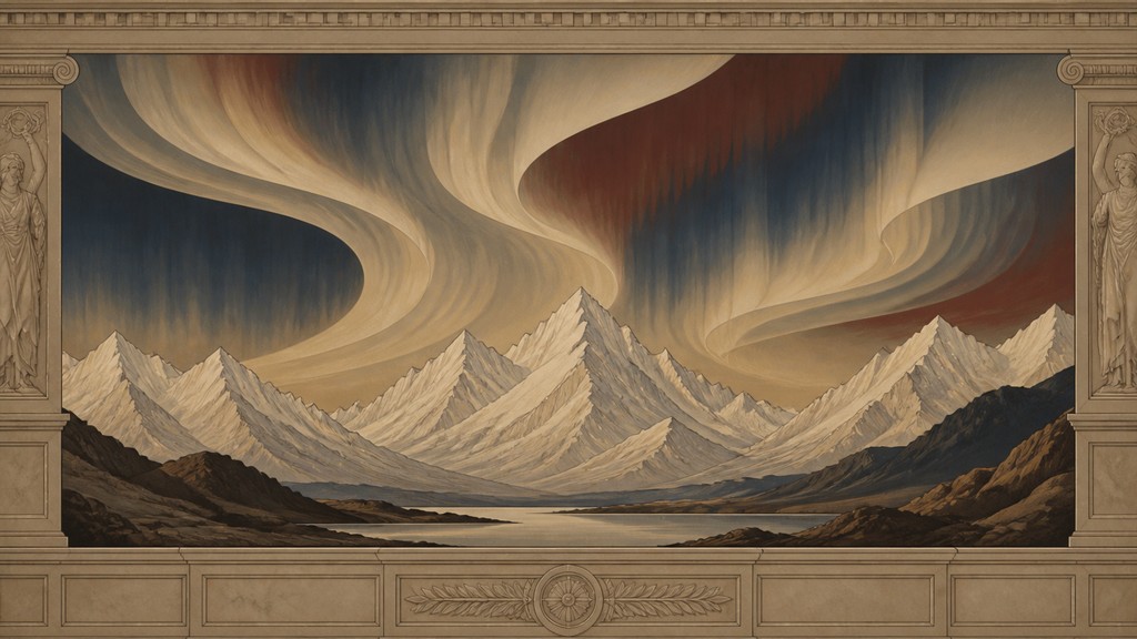 a flowing aurora over snowy peaks, wide sweeping composition, no people, no text