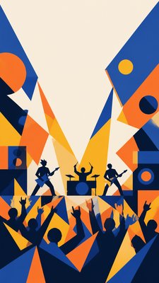 a live music scene with a glowing stage and silhouetted crowd, energetic vertical composition with open space at the top, no text