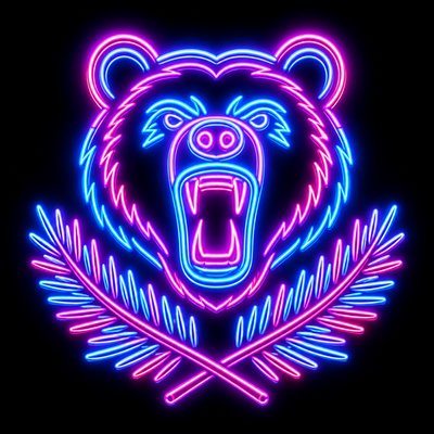 a roaring bear head above crossed pine branches, bold graphic composition on a plain background, no text