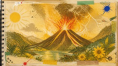 an erupting volcano with lightning strikes, dramatic wide composition, no text