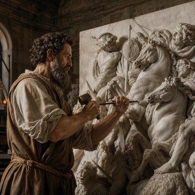 Michelangelo carving a battle scene
