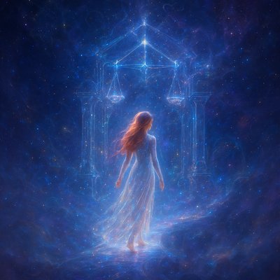 An ethereal and surreal depiction of a figure in a deep dream state, gracefully walking into the heart of the Mountain House constellation, also known as Libra. The figure is a lady with long, flowing red hair, luminous shimmering full length dress radiating a soft inner light, suggesting her non-physical dream presence. She is stepping off a softly glowing, dream-like pathway or ethereal bridge that extends from a misty, dreamscape foreground into the vastness of space.

    The Mountain House (Libra) constellation is not just stars but appears as a majestic, floating celestial architecture – perhaps as ancient, star-dusted pillars, glowing celestial doorways forming a 'mountain house' structure, built from nebulae and starlight. Within this constellation, gentle cosmic dust, shimmering gas clouds, and distant galaxies are visible, creating a sense of infinite depth.

    The dominant colors are soft blues, purples, and deep indigos of space, interwoven with golden and silver light emanating from the stars and the lady's luminous form and radiant red hair. There's a profound sense of peace, wonder, and weightlessness. The atmosphere is serene and magical, conveying the feeling of transcending physical reality and entering a realm of cosmic balance and ancient wisdom. The artistic style is highly fantastical and painterly, with a focus on glowing effects, subtle transparency, and a dreamlike composition.