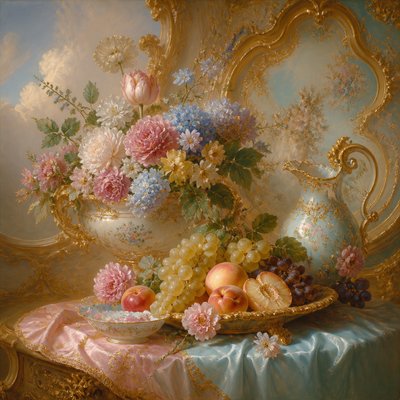 still life arrangement of fruits and flowers