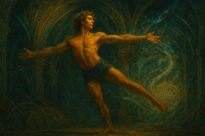 a painting of a man standing in front of a green background