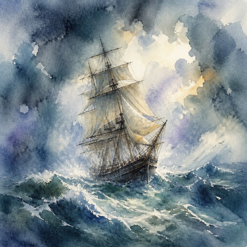 sailing ship on a stormy sea — Wet-on-Wet Watercolor Style