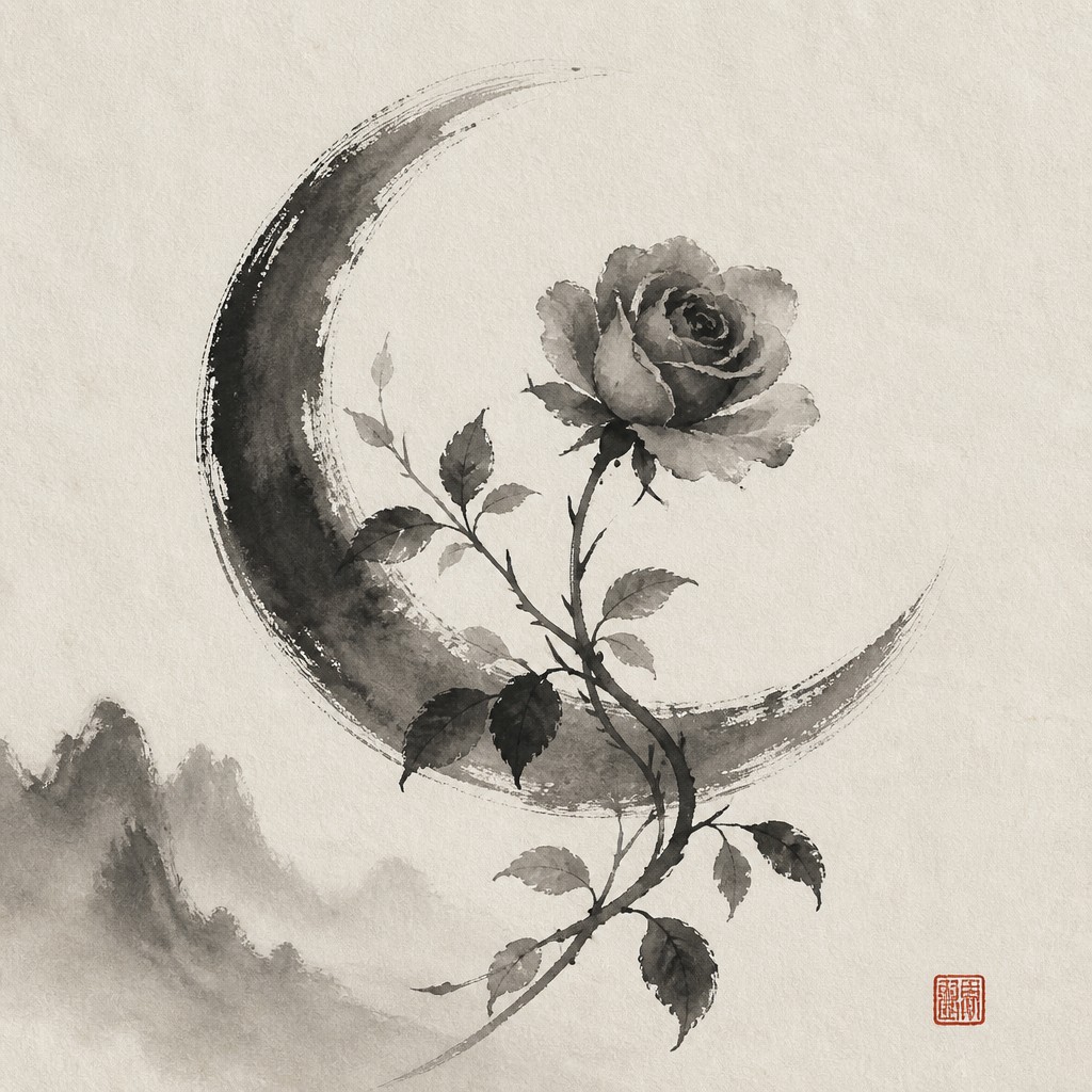 a rose entwined with a crescent moon, clean balanced composition on a plain background, no text