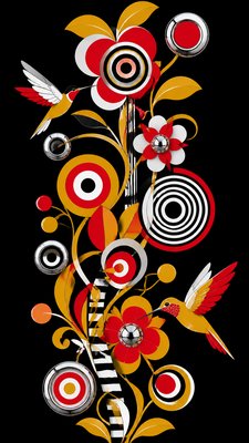 a climbing vine of flowers and hummingbirds on a dark background, tall wrapping composition, no text