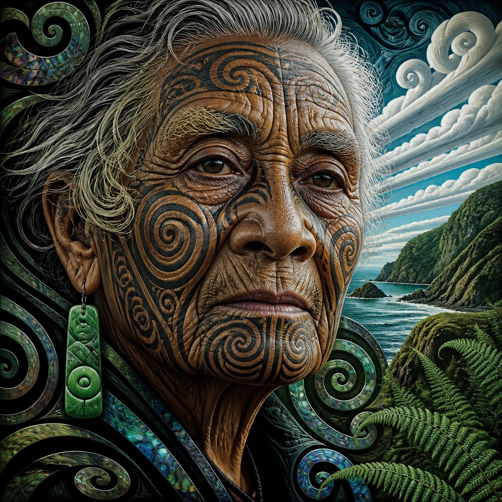 close-up portrait of an elderly person with expressive weathered features — New Zealand Art Style