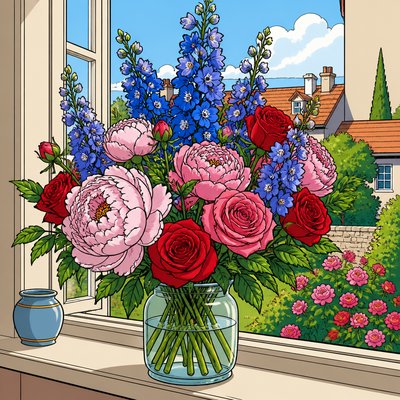 bouquet of peonies, delphiniums and roses in a clear glass vase on a windowsill, no people