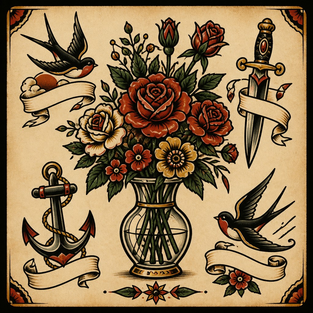 bouquet of flowers in a glass vase — Tattoo Flash Art Style