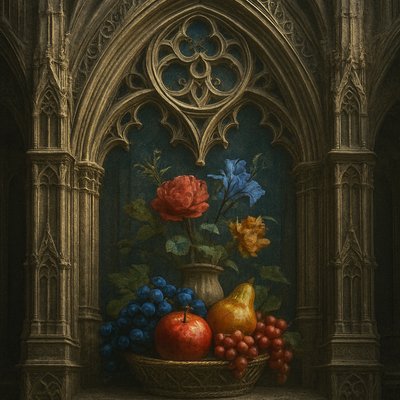still life arrangement of fruits and flowers